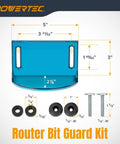 Full Size Router Bit Guard Kit With Mounting Hardware For Router Tables And Fence shown with dimensions and hardware components