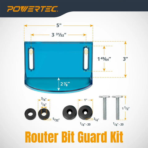Full Size Router Bit Guard Kit With Mounting Hardware For Router Tables And Fence shown with dimensions and hardware components