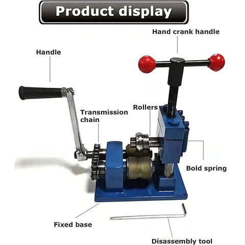 Heavy Duty Manual Ring Bending Press Machine showing hand crank handle, rollers, and fixed base for metal crafting.
