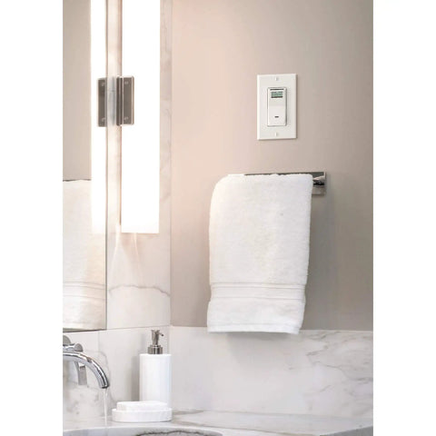 P82W Sensaire Humidity Sensing Bathroom Exhaust Fan Control Wall Switch White installed in bathroom above towel rack