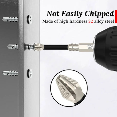 Top Tier Magnetic Drill Bit Kit With Shockproof S2 Alloy Steel Screwdriver Bits And Non Slip Hex Shank For High Torque Impact Driver Jobs And Heavy Duty Electric Drills That Hold Screws Tight During Any Tough Project. S2 steel bit driving screws into metal panel