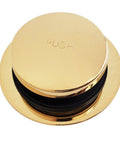 Top Tier Universal Bathtub Drain Plug Set Featuring Slick Polished Brass Finish, round push mechanism for easy tub fixes.