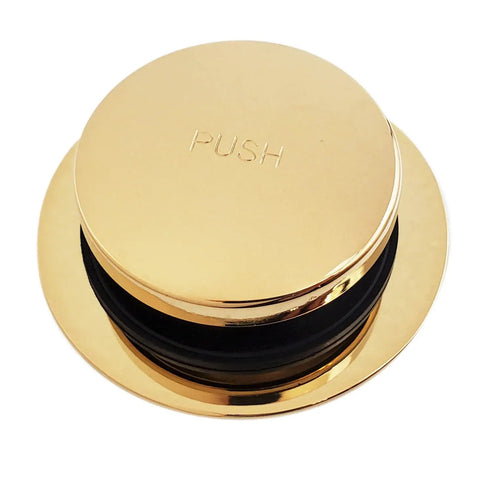 Top Tier Universal Bathtub Drain Plug Set Featuring Slick Polished Brass Finish, round push mechanism for easy tub fixes.