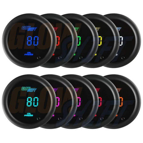 GlowShift 10-color digital oil pressure gauge kit with 10 gauges, 2-1/16 in (52 mm), tinted lens, 1/8-27 NPT sensor.
