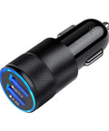 Robust Dual Port Car Charger With Hella Fast Sync Tech Featuring Quick Charge 3.0, black finish, dual USB A ports for fast charging.