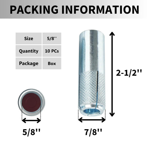 Drop In Anchors 10 Pack Five Eighth Inch 11 Thread Zinc Plated For Concrete, dimensions shown with quantity in box