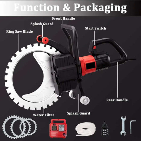 Heavy Duty Electric Concrete Saw Handheld Circular Cutter With Inline Water Mist System Eight Kilowatt Wall Grooving Machine parts labeled.