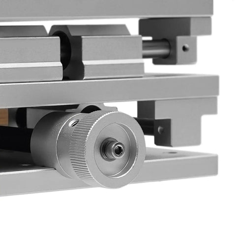 Close-up of Pro Grade 2D 2 Axis Laser Marker Stand with XY Positioning and polished lifting platform.