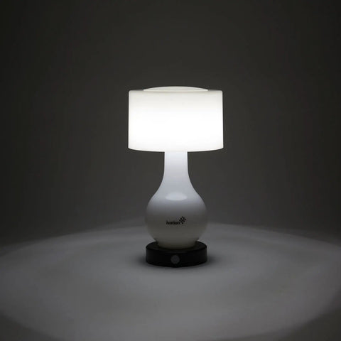 Six LED Battery Operated Motion Sensing Table Lamp With Dual Zone Lighting for body, shade, or both, on dark surface