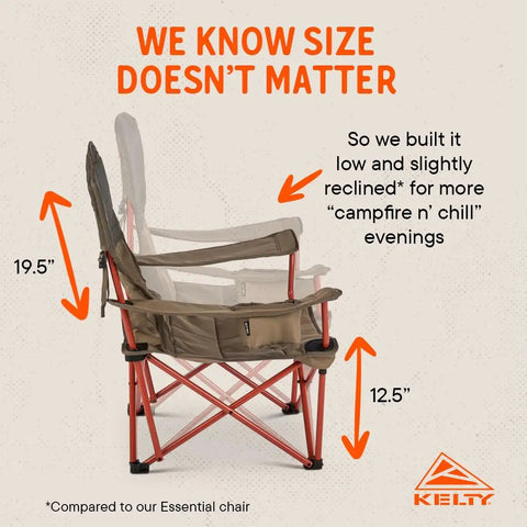 Lowdown Chair With Durable Bungee Cord Build In Beluga Color For Outdoor Concerts Sidelines And Lounging At Home One Foot Off The Ground Slight Recline Pet And Kid Friendly Built To Last, side view comparison with Essential chair emphasizing height and recline