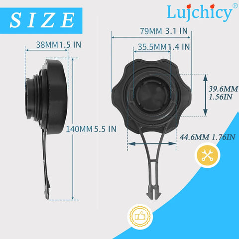 Fuel Tank Cap Replacement For Lawn Mower Fits Briggs And Stratton Toro Craftsman M230 M110 Gas Cap Replacement Durable Locking Design Weather Resistant And Easy To Install Replaces 84004416 597414 shown with dimensions.