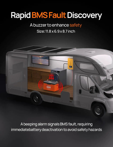 RV interior showing 12V 100Ah LiFePO4 Trolling Battery With SOC Display And Bluetooth Upgrade Two Point Zero 100A BMS With Low Temperature Protection and beeping alarm.