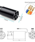 Top Shelf 4074 Brushless Motor Paired With Water Cooling Jacket For Remote Boats featuring 74mm length, 40mm diameter, and 4mm banana plugs.
