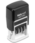 Heavy Duty Self Inking Date Stamp Drop Dead Easy To Use Slick Black Housing for 1/8 x 3/4 inch impressions, shown from the side.