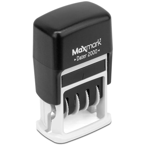 Heavy Duty Self Inking Date Stamp Drop Dead Easy To Use Slick Black Housing for 1/8 x 3/4 inch impressions, shown from the side.