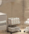 Two Tier Rolling Storage Cart On Wheels With Easy Grip Handle For Under Desk Mobility, in bathroom with towels and toiletries