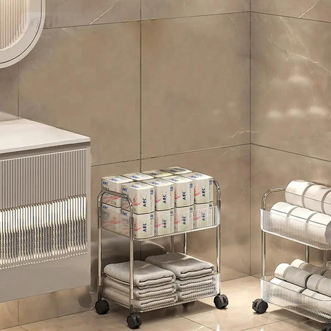 Two Tier Rolling Storage Cart On Wheels With Easy Grip Handle For Under Desk Mobility, in bathroom with towels and toiletries