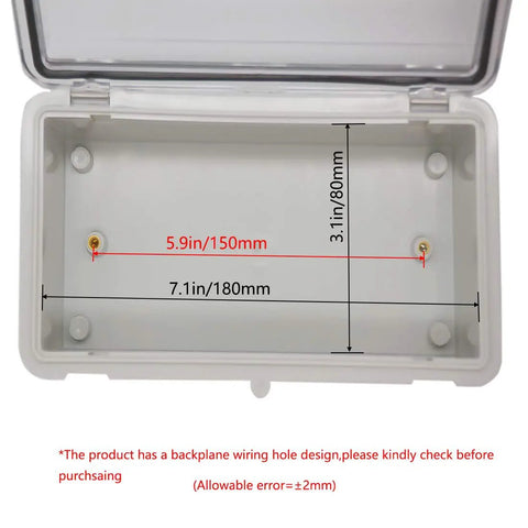 Inside view of Tough As Nails IP65 Waterproof Junction Box, showing dimensions, rugged ABS material for outdoor use.