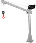 Heavy Duty Dc Powered Jib Crane With Telescoping Boom 360 Swivel Galvanized Steel Frame 3 To 5 Foot Reach 2000 Lb Capacity on a solid base.