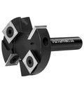 CNC Spoilboard Surfacing Router Bit With One Half Inch Shank And Two Inch Cutting Diameter, Balanced Two Plus Two Carbide Inserts For Slab Flattening And Planing, Industrial Grade Woodworking Tool, shown from a side angle.