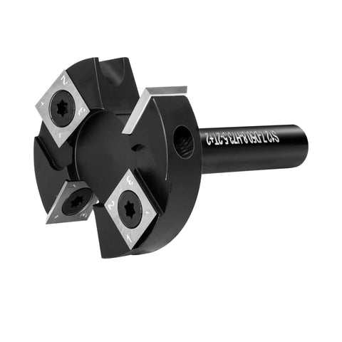 CNC Spoilboard Surfacing Router Bit With One Half Inch Shank And Two Inch Cutting Diameter, Balanced Two Plus Two Carbide Inserts For Slab Flattening And Planing, Industrial Grade Woodworking Tool, shown from a side angle.