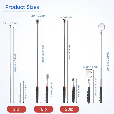 Size comparison of telescoping magnetic tool set with LED light and inspection mirror, 4 pack magnetic pickup tools, 2 lb to 20 lb reach, 8 lb strength telescoping magnet stick, 360 degree swivel gadget for home garage repair and Father's Day gift.