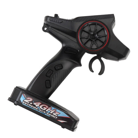 Next Level 7 Channel Rc Car Receiver Kit With Brushless Motor Esc And Servo Remote Control handheld remote with buttons and steering wheel.