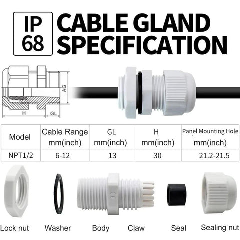 Diagram of Built To Last Five Pack One Half Inch NPT Cable Glands IP68 Waterproof Nylon PA66 Cord Grip with adjustable locknut.