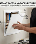 Heavy Duty Aluminum Access Panel For Drywall And Ceiling, Large Attic Access Door For Hvac Plumbing, Self Adhesive Flush Mount Wall Cover With Magnetic Latch, White 12x18 Inch, Built Tough As Nails For Easy Peasy Updates, showing a simple push to open mechanism.