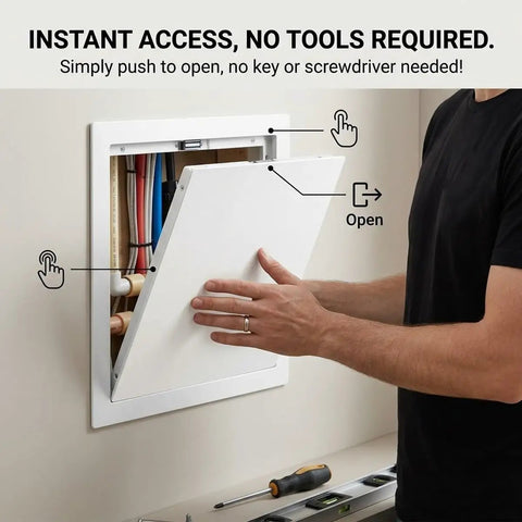 Heavy Duty Aluminum Access Panel For Drywall And Ceiling, Large Attic Access Door For Hvac Plumbing, Self Adhesive Flush Mount Wall Cover With Magnetic Latch, White 12x18 Inch, Built Tough As Nails For Easy Peasy Updates, showing a simple push to open mechanism.