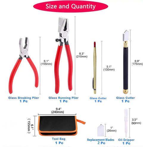 Glass Cutter Tool Set With 8 Inch Running Pliers And 6 Inch Breaker Pliers For Glass Cutting Curved Jaws Stained Glass Projects Zipper Bag Replacement Blades And Cross Screwdriver displayed.