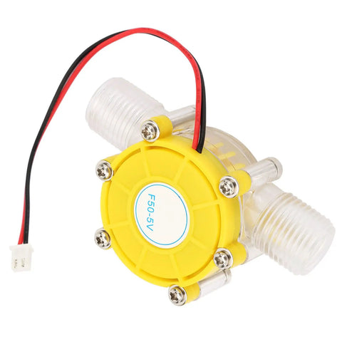 Close-up of Portable F50 Hydroelectric Power Generator with yellow casing, visible wiring for 12V Micro Hydro application