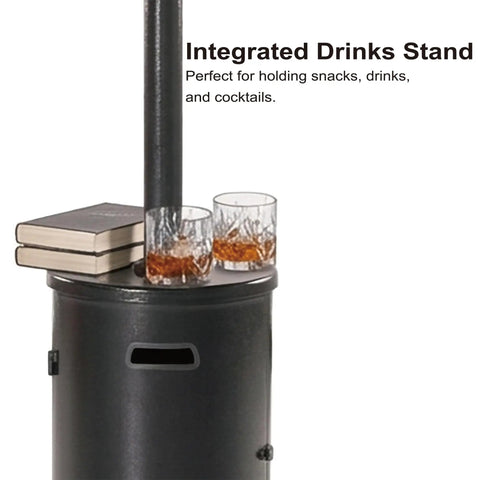 47000 BTU Outdoor Patio Heater With Round Table Design And Wheels Propane Gas Standing Heater shown with drink stand and glasses.