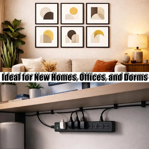 Living room with wall art decor and a workspace underneath featuring a power strip, showcasing the Picture Hanging Tool Kit.