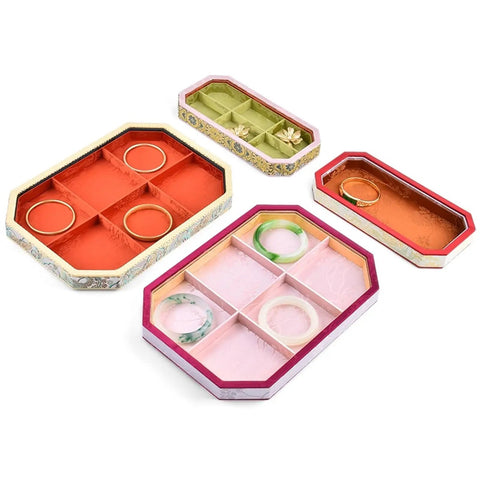 Brown Stackable Jewelry Organizer Tray With Six Grids Drawer Storage Pad For Rings And Bracelets. Six trays with compartments.
