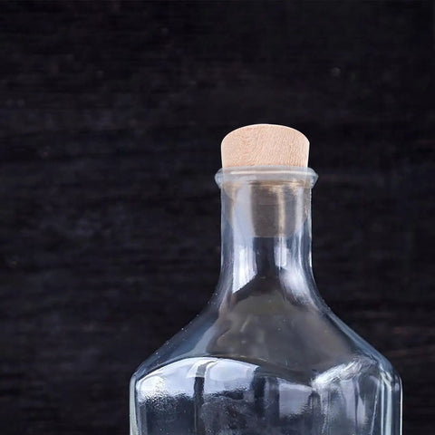Glass bottle sealed with wood plug simulating Tapered Wood Plugs For Screw Holes With Button Plug Head, Lightweight Furniture Repair Caps.