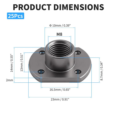 Heavy Duty M8 T Shaped Weld Nuts 25 Pack High Carbon Steel Spot Fasteners dimensions illustration with size specifications.