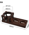 Adjustable Espresso Tamping Station Built From Premium Sapele Wood Handles 51-58mm Portafilters with measurements shown
