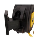 Side view of the mounting bracket on an Enclosed 3 By 8 Inch By 50 Foot Air Hose Reel With Auto Retract And Stop Anywhere Locking Spring Powered Drive