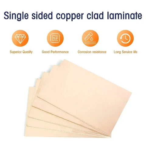 Single Sided Copper Clad Laminate PCB Board 10x15cm Kit For Etching And DIY Circuits, showing stack of copper boards with features.