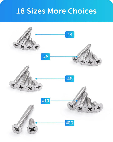 Top Shelf 304 Stainless Steel Wood Screws Assortment Kit With Phillips Flat Heads And Self Tapping Design Made For Fixin Up Patios Or Garages Comes Rigged With 550 Pieces Sizes 4 Through 12 in various sizes.