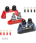 Heavy Duty 250A Bus Bar Power Distribution Block With Dual 3/8 Stud Terminals Designed For 12V To 48V DC Sets, featuring red and blue colored blocks.