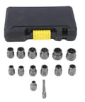 14-Piece Screw And Nut Extractor Set Chrome Molybdenum Steel Heavy Duty Workhorse Easy Out Tools in black case with sockets displayed