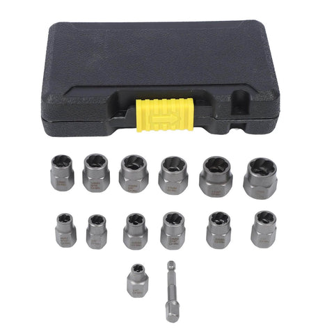 14-Piece Screw And Nut Extractor Set Chrome Molybdenum Steel Heavy Duty Workhorse Easy Out Tools in black case with sockets displayed