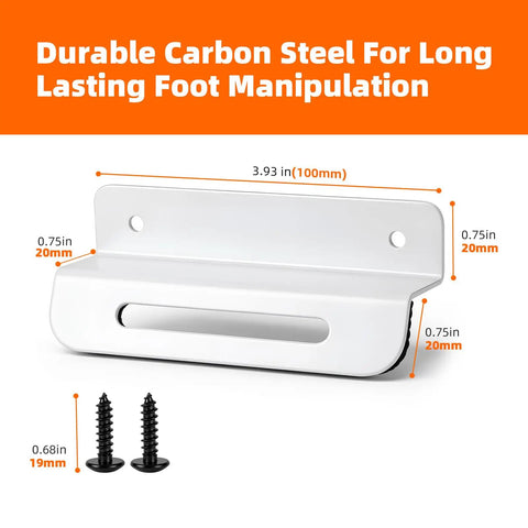 Image of Under Cabinet Foot Pull With Adhesive And Screws Hands Free Toe Kick Opener showing dimensions and carbon steel material.