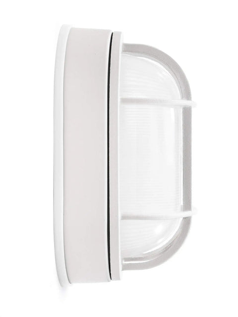 Side view of Outdoor 8.5 Inch Oval LED Nautical Bulkhead Light Flush Mount For Wall Or Ceiling Wet Location 75W 800 Lumens 3000K Warm White Cast Aluminum.