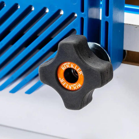 Close-up of Heavy Duty Table Saw Featherboard Kit With Extra Height And Precise Adjustment For Tall Workpieces knob attachment