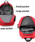 Red emergency medical backpack with gray interior; front view shows small and large pockets and large main compartment