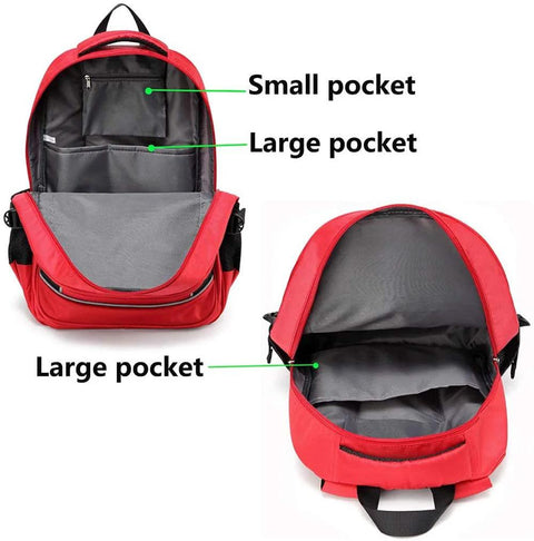 Red emergency medical backpack with gray interior; front view shows small and large pockets and large main compartment