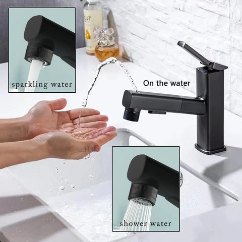 Game Changing Black Stainless Steel Bathroom Faucet With Pull Down Sprayer And Single Handle showing water flow options